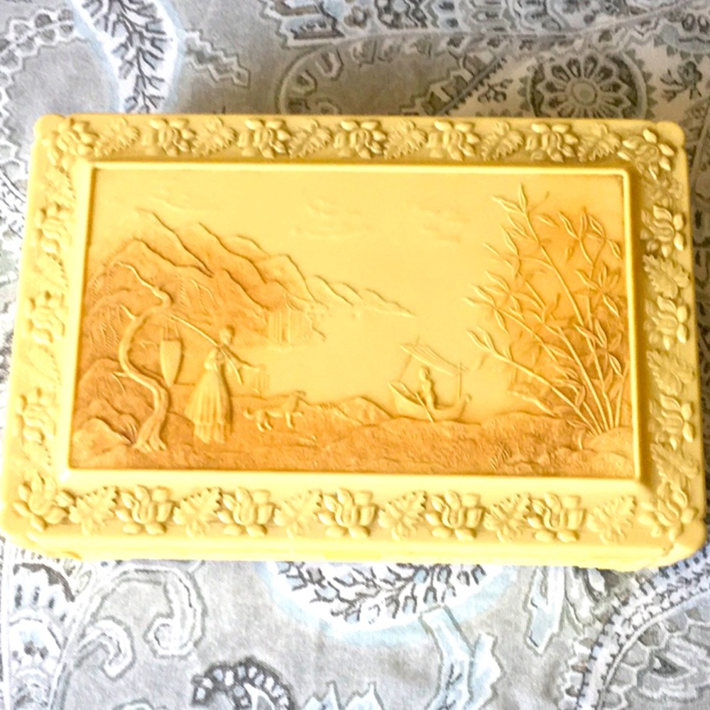 Vintage Celluloid Faux Ivory Lotus Japanese Garden Jewelry lidded box.